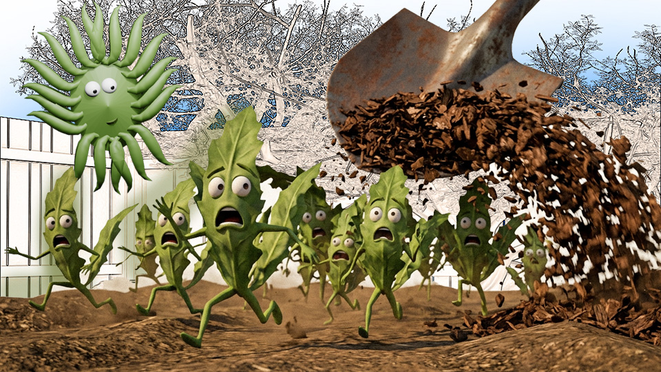 A 3D render of a scene from an alien-invasion movie in which a group of big, terrified-looking weeds run towards us as a shovelful of dark mulch thunders to ground behind them in the TangleWicket garden while Wicket looks on, by John D Reinhart