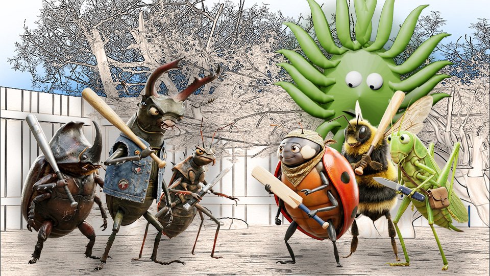 A 3D render of a gang of mean-looking bugs carrying baseball bats and knives facing off against a gang of nice-looking bugs in the TangleWicket garden while Wicket looks on, by John D Reinhart