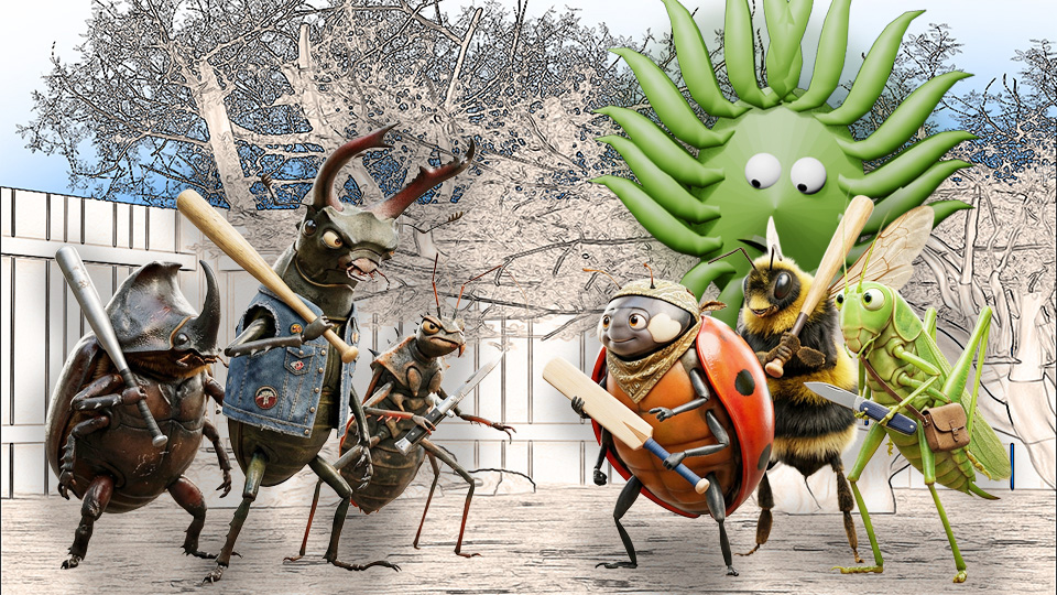 A 3D render of a gang of mean-looking bugs carrying baseball bats and knives facing off against a gang of nice-looking bugs in the TangleWicket garden while Wicket looks on, by John D Reinhart