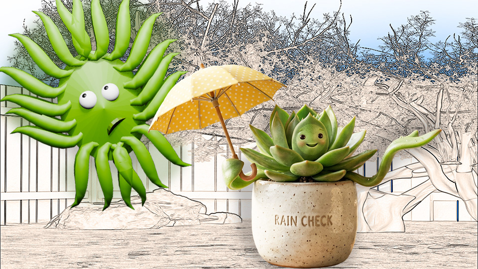 A 3D render of an umbrella-toting potted plant checking for rain in the TangleWicket garden while an exasperated Wicket looks on, by John D Reinhart