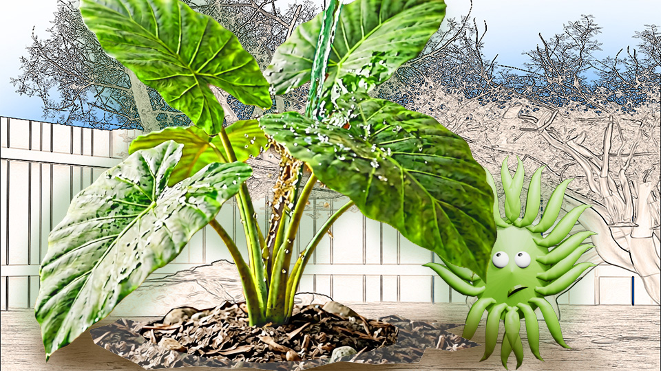 A 3D render of water cascading of the leaves of a plant sitting in dry soil in the TangleWicket garden while Wicket looks on, by John D Reinhart