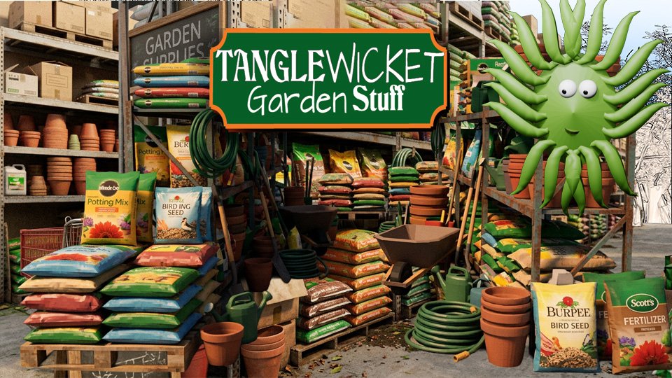 A 3D render of a very tall, very deep, overstuffed garden supply aisle outside of a huge home improvement center, in the TangleWicket garden while Wicket looks on, by John D Reinhart