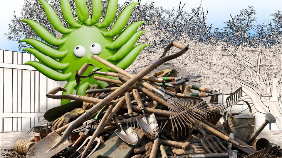A 3D render of big pile of garden tools of all kinds heaped in the middle of the the TangleWicket garden while Wicket looks on, by John D Reinhart