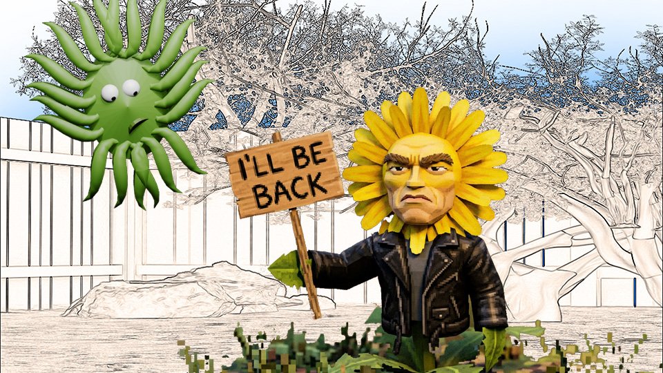 A 3D render of a sneering dandelion that looks like Arnold Schwarzenegger wearing a black leather jacket in Terminator with a sign that says "I'll be back" in the TangleWicket garden while Wicket looks on, by John D Reinhart