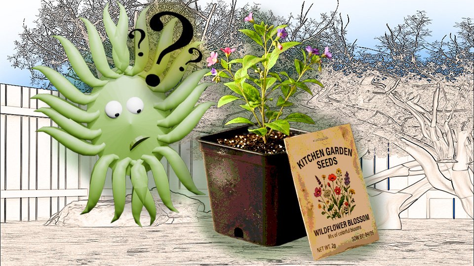 A 3D render of a Wicket questioning the choice between a flowering plant and a seed packet in the TangleWicket garden, by John D Reinhart