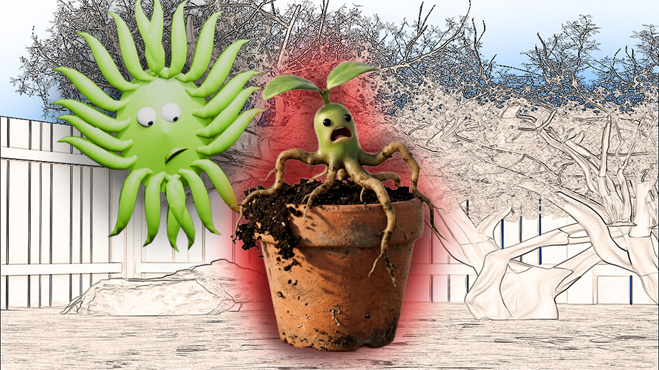 A 3D render of a horrified seedling trying to escape from a pot in the TangleWicket garden while Wicket looks on in dismay, by John D Reinhart