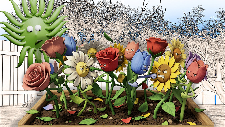 A 3D render of a severely overcrowded little flowerbed full of angry-looking flowers that are engaged in a massive fistfight in the TangleWicket garden while Wicket looks on, by John D Reinhart