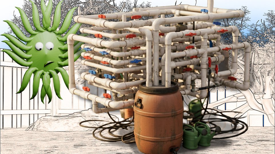 A 3D render of a garden rain-catching system comprised of an insanely high number of white plastic pipes and valves all poised above a barrel in the TangleWicket garden while Wicket looks on, by John D Reinhart