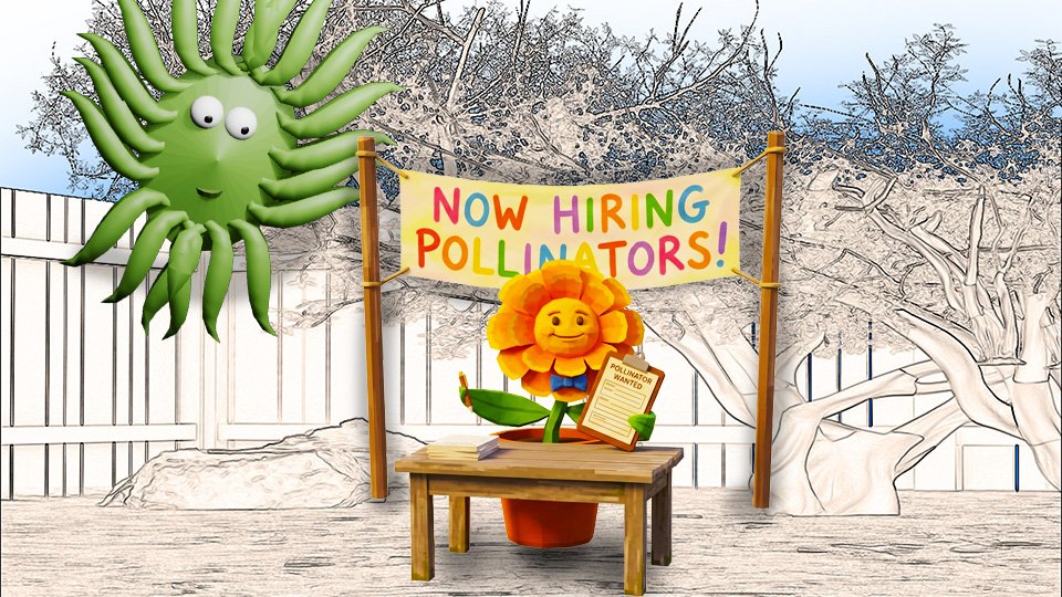 A 3D render of a smiling marigold holding a clipboard while sitting behind a desk in front of a colorful banner that says "Now Hiring Pollinators" in the TangleWicket garden while Wicket looks on, by John D Reinhart