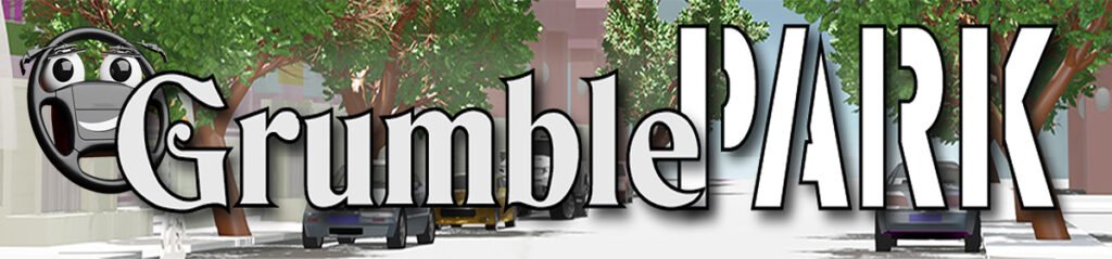 The words GrumblePark superimposed of a 3D render of Grumble Blvd while the mascot Parker looks on.